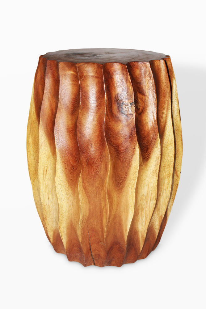 Monkey Pod  Fluted Stool Natural Finish 12 x 18" H.. - Blue Rooster Trading