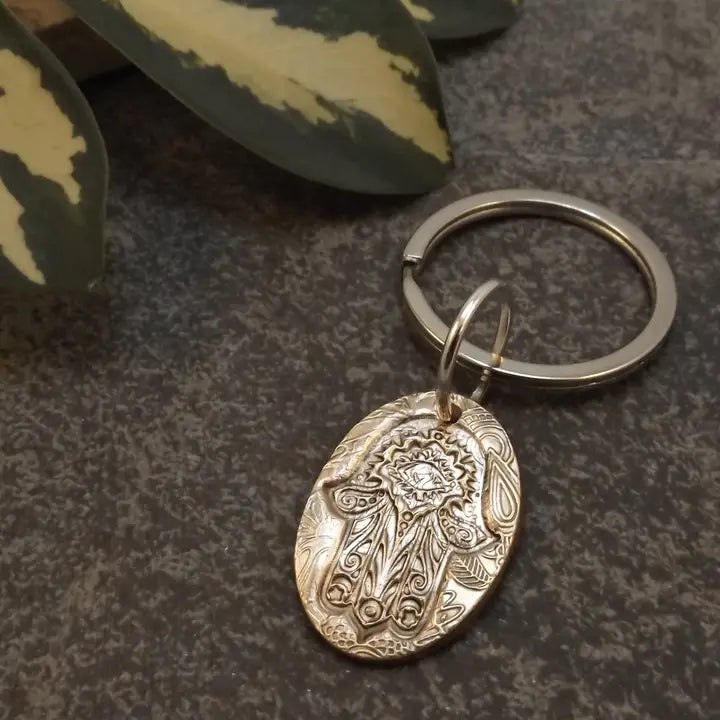 Hamsa Hand-Stamped Bronze Keychain