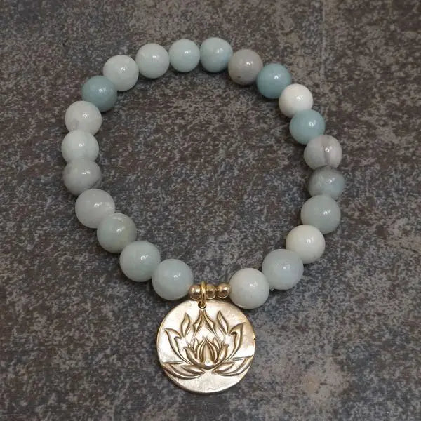 Amazonite Beaded Lotus Charm Bracelet