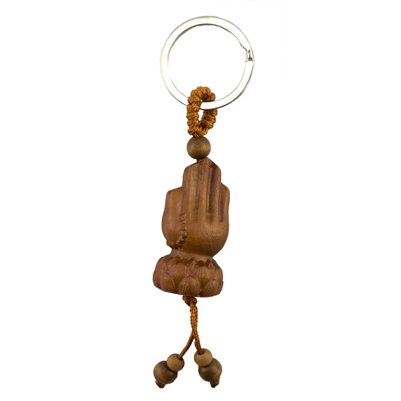 Meditation Hands Carved Wood Key Chain