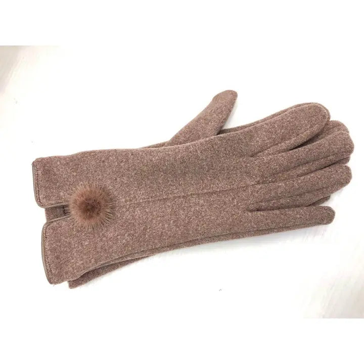 Brown Gloves with Mini Pom Pom