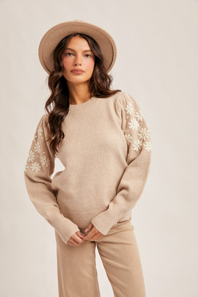 Floral Embroidery Bubble Sleeve Sweater