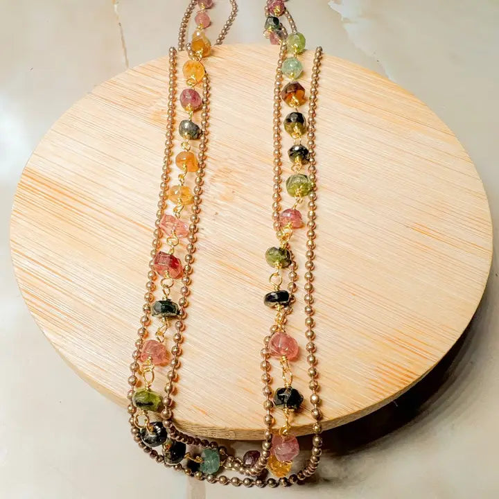 Watermelon Tourmaline Three Chain Necklace