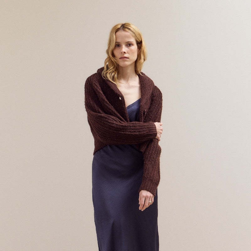 Brown Cropped Shawl Collar Cardigan