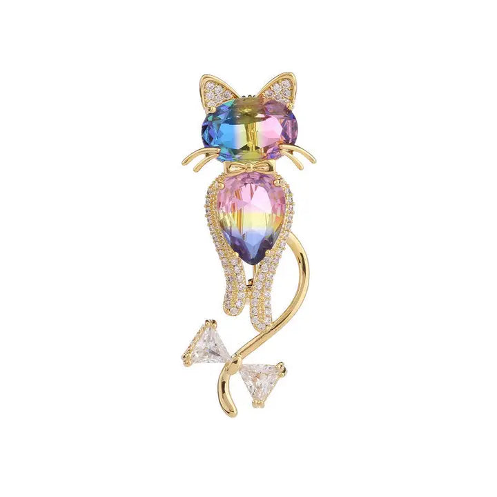 Rainbow Gemstone Cat Brooch