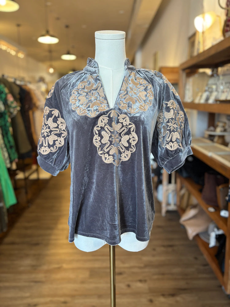 Embroidered Velvet Blouse