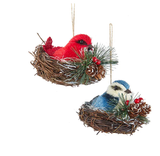 Cardinal / Bluejay in Nest Ornament