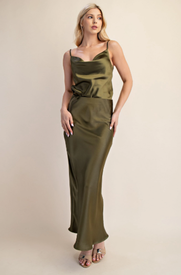 Waist Elastic Band Midi Satin Skirt