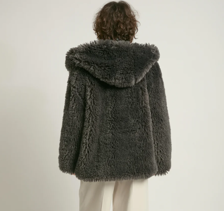 Charcoal Shaggy Hood Fur Jacket