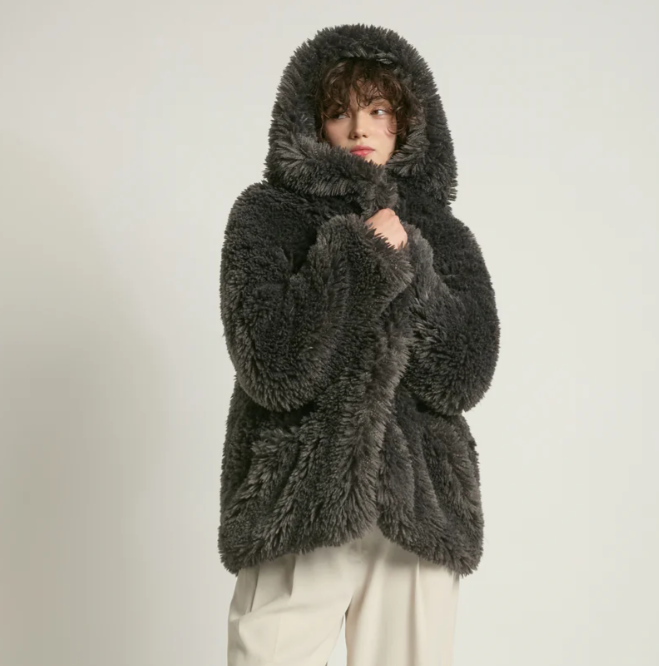 Charcoal Shaggy Hood Fur Jacket