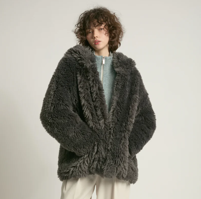 Charcoal Shaggy Hood Fur Jacket