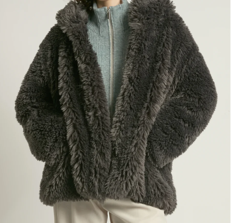 Charcoal Shaggy Hood Fur Jacket