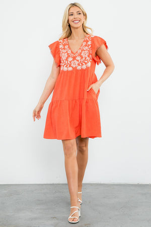 Thea Embroidered Flutter Sleeve Dress