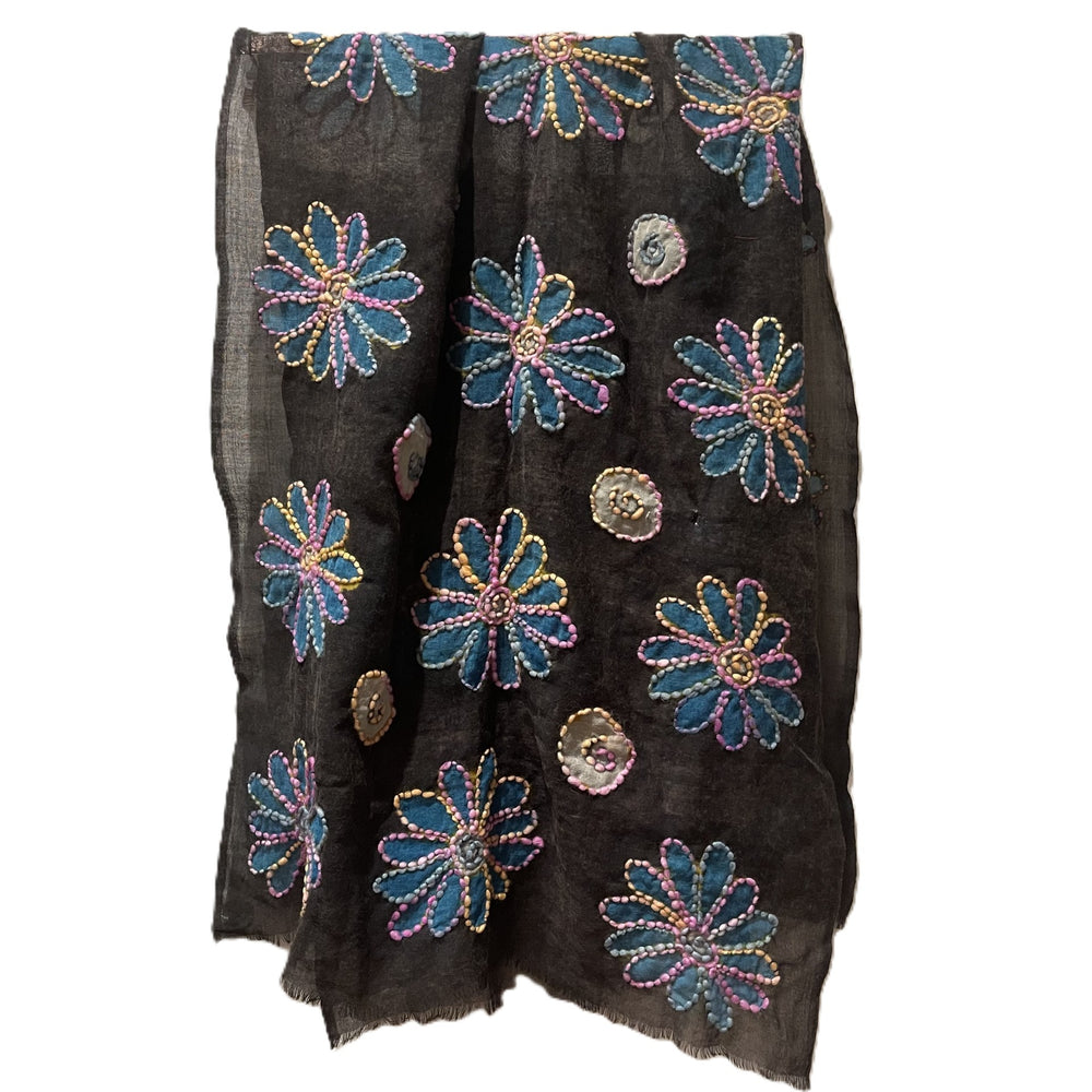 Blue Floral Wool Felt Scarf