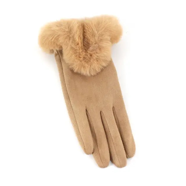 Beige Faux Fur Trim Gloves