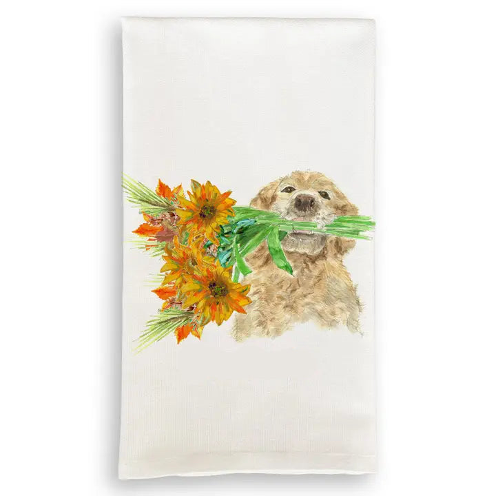 Dog Holding Fall Flowers Kitchen Towel
