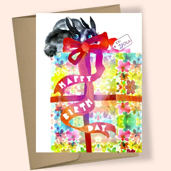 Gift from Bunnies Watercolor Birthday Card