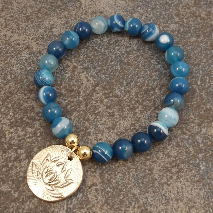 Blue Agate Beaded Lotus Charm Bracelet