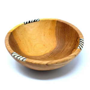 Rustic Olive Wood Bowl Bone Inlay Accent 8"