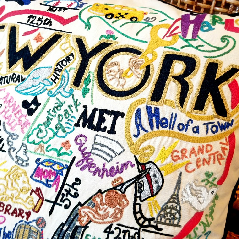 Whimsical Hand-Embroidered NYC Pillow
