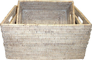 Set of 3 Rectangular Basket w/ Cutout Handles - White Wash - Blue Rooster Trading