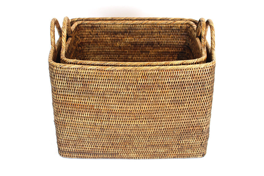 Rectangular Set of 2 Baskets w/ Loop Handles - Antique Brown - Blue Rooster Trading