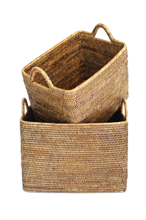 Rectangular Set of 2 Baskets w/ Loop Handles - Antique Brown – Saffron ...