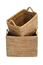 Rectangular Set of 2 Baskets w/ Loop Handles - Antique Brown