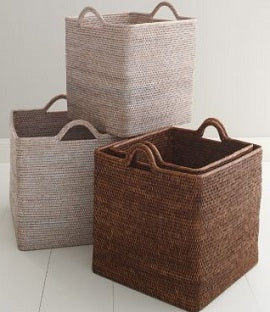 Square Set of 2 Baskets w/ Loop Handles - Antique Brown