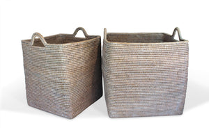 Square Set of 2 Baskets w/ Loop Handles - White Wash - Blue Rooster Trading