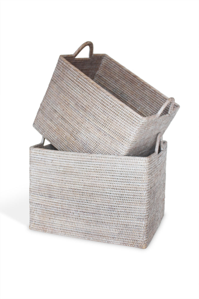 
            
                Load image into Gallery viewer, Rectangular Set of 2 Baskets w/ Loop Handles - White Wash - Blue Rooster Trading
            
        
